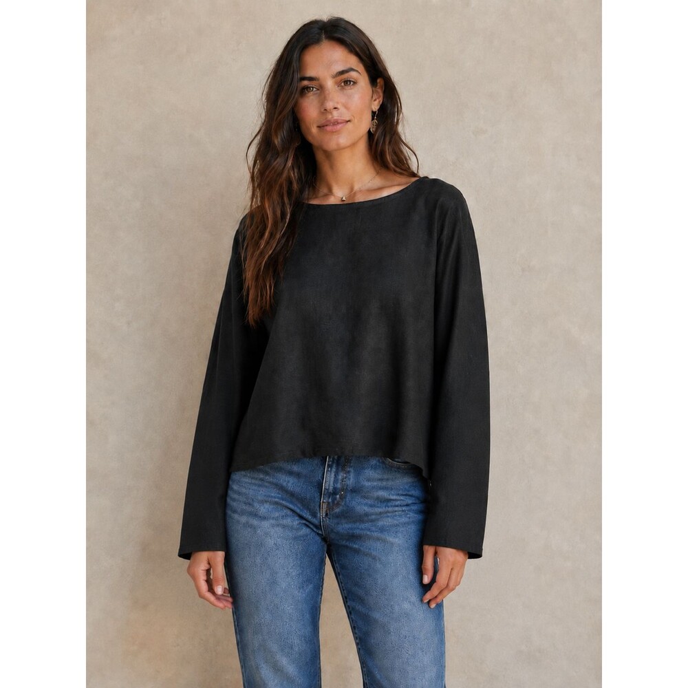 Vintage Flax Black Linen Long Sleeve Center Pintuck Short Top Size L